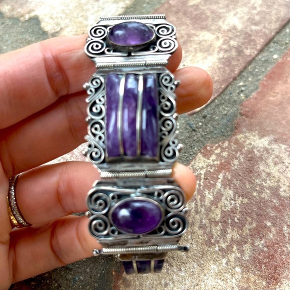 Estate Vintage Amethyest Stone Sterling Silver Bracelet INCREDIBLE Mexico DF - Picture 2 of 6
